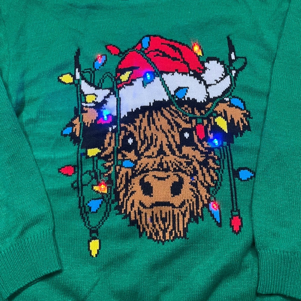Freeze Highland Cow Light Up Ugly Christmas Sweater Green XL Santa Hat  Working